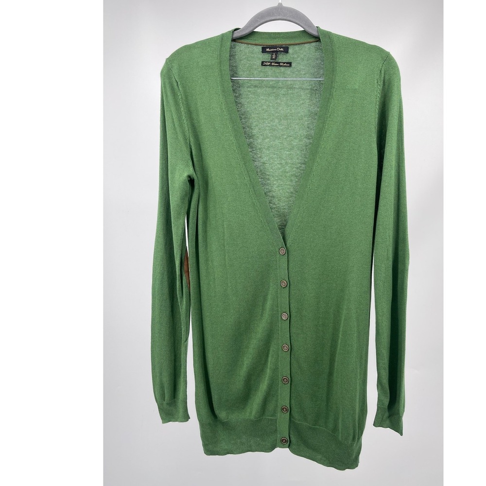 Massimo Dutti Cardigan Womens S Green Silk Cashmere Elbow Patch